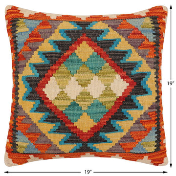 handmade Traditional Pillow Rust Blue Hand-Woven SQUARE 100% WOOL  Hand woven turkish pillow  2 x 2